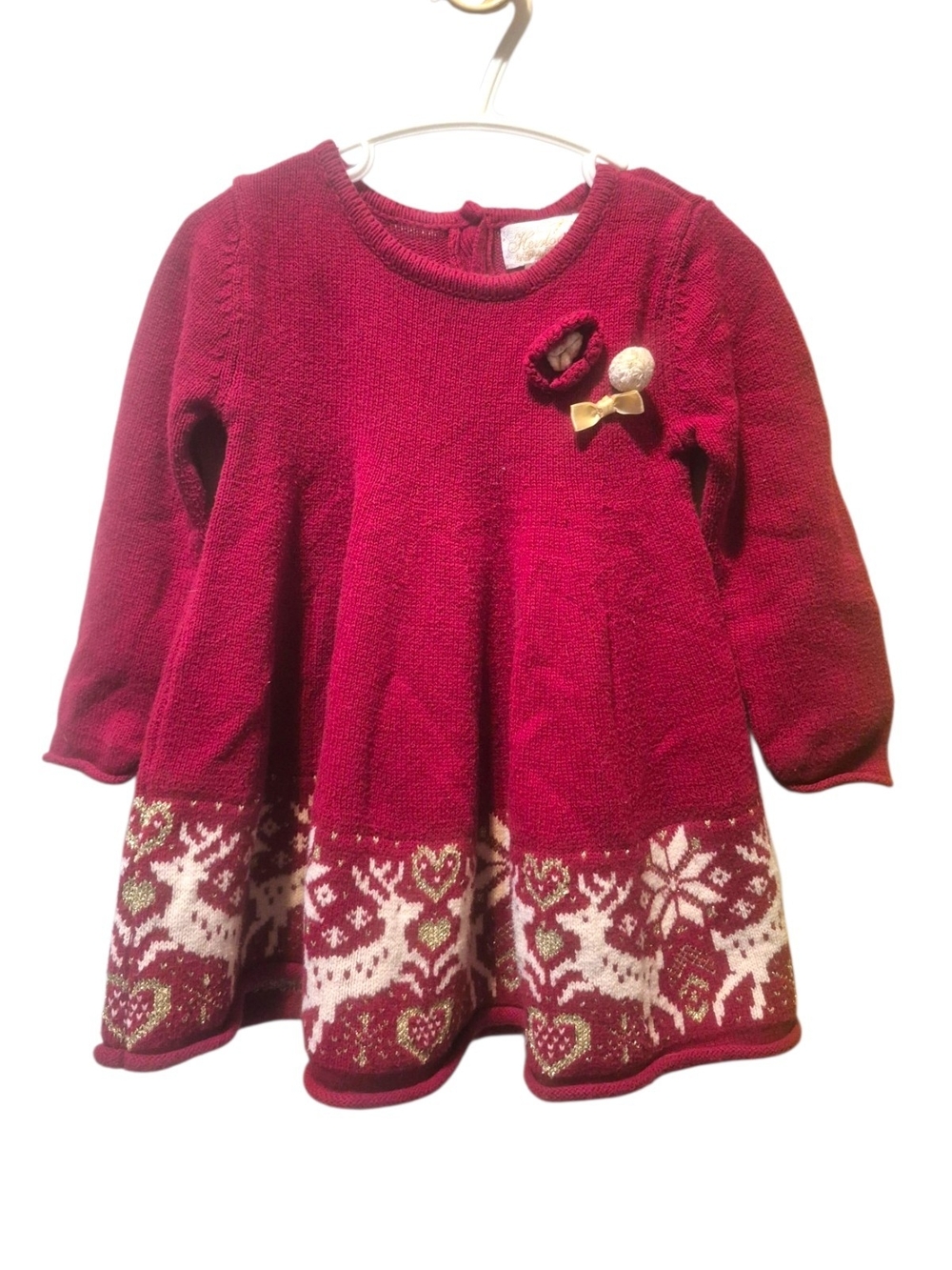 Toddler Red Knit Festive Dress with Reindeer Border